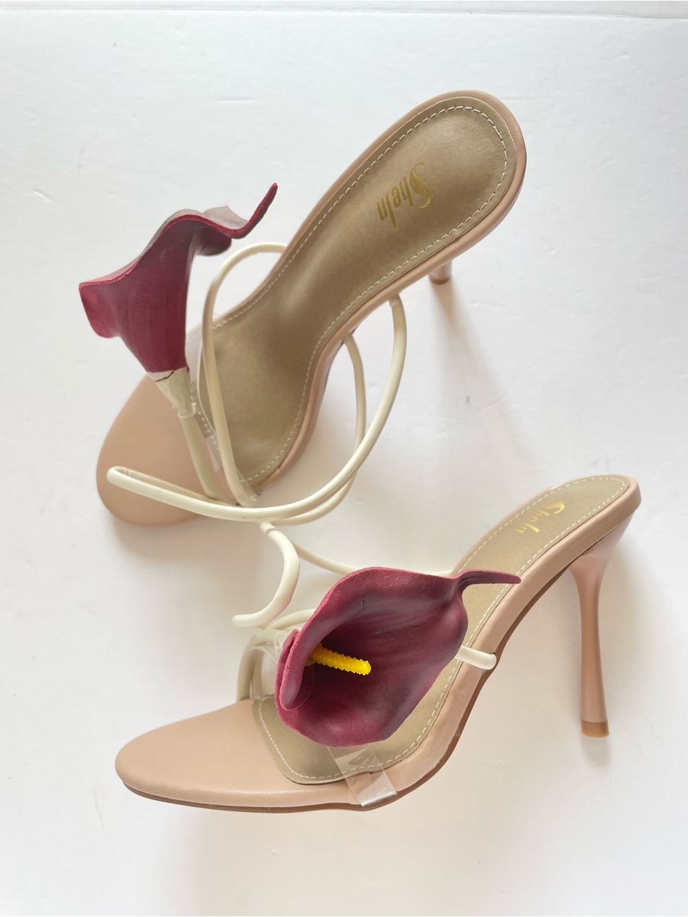 NEW White Wine Burgundy‎ Calla Lilly Floral Strap Stiletto Sandals